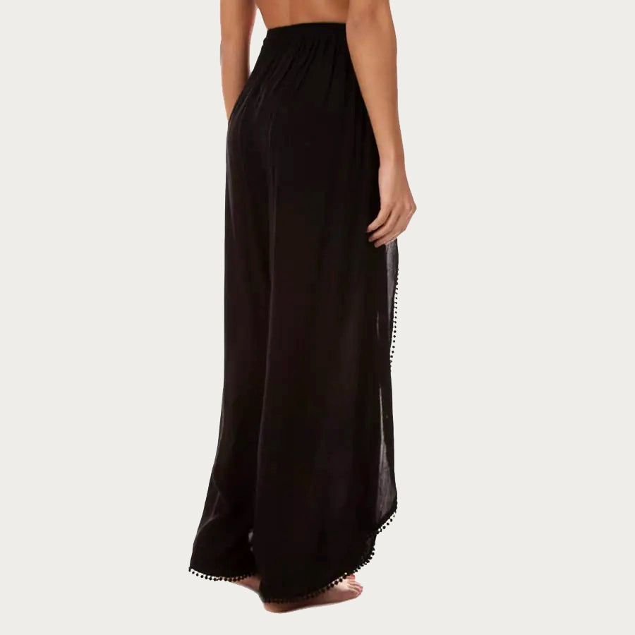 Fly-Away Crepe High-Waisted, Wide-Leg Pant with Pom Pom Tie/ Black