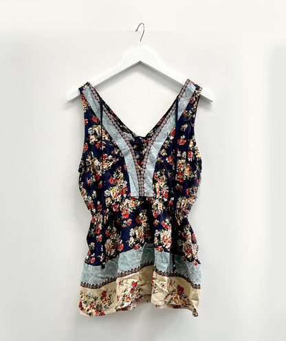 Sleeveless Summer Top with Cross Front Detail/ Navy Floral