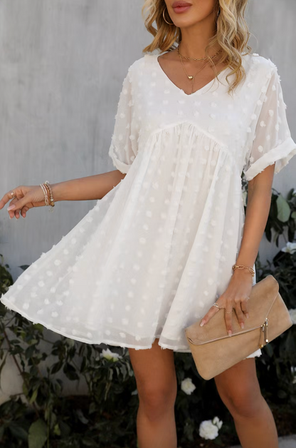 Embroidered Dotted V-Neck Baby Doll Dress/ Cream