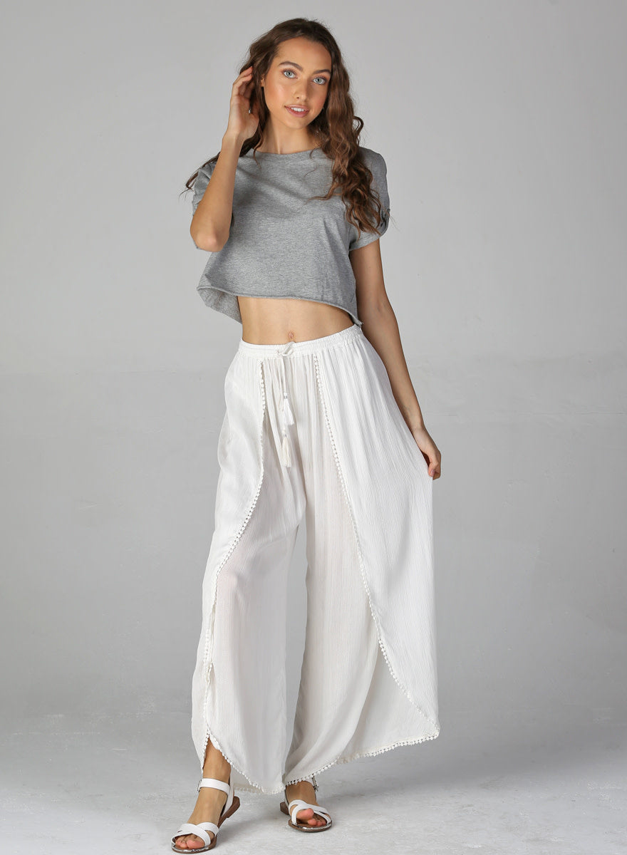 Fly Away High-Waisted, Wide-Leg Pant with Pom Pom Tie/ White