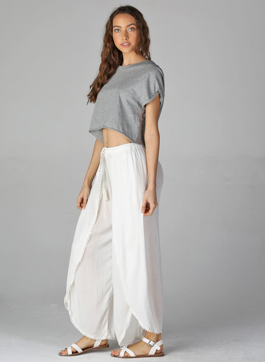 Fly Away High-Waisted, Wide-Leg Pant with Pom Pom Tie/ White
