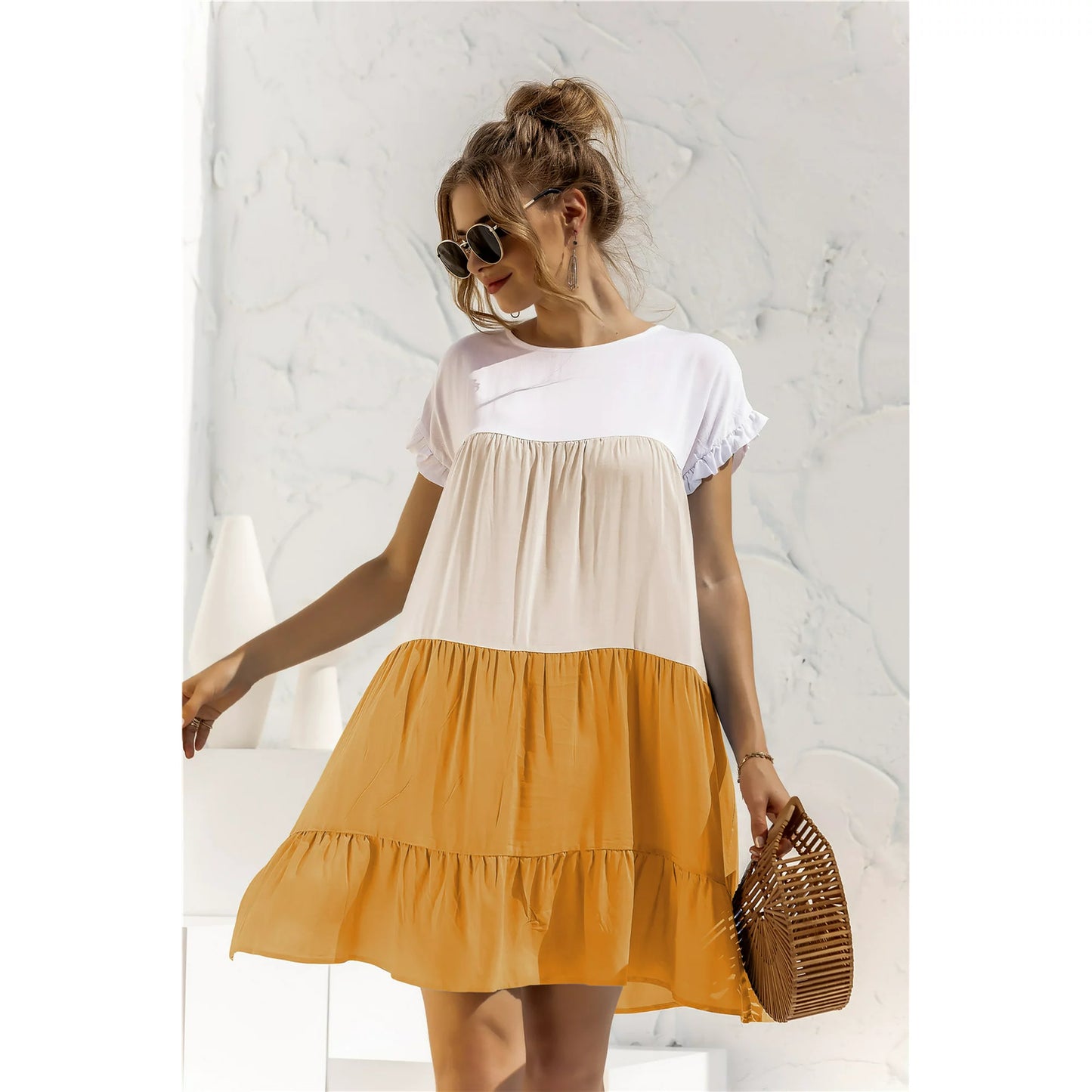 Color Block Ruffled Short Sleeve A-Line Dress/ Canary Cream