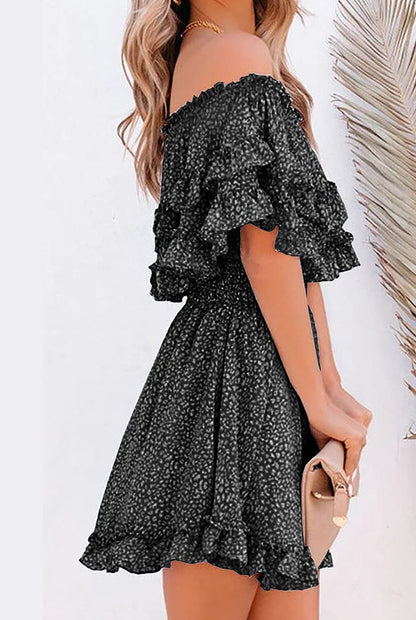 Flowy Off Shoulder Speckled Ruffle Mini Dress/ Black & White
