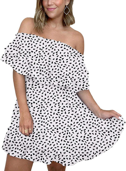 Flowy Off Shoulder Speckled Ruffle Mini Dress/ White & Black