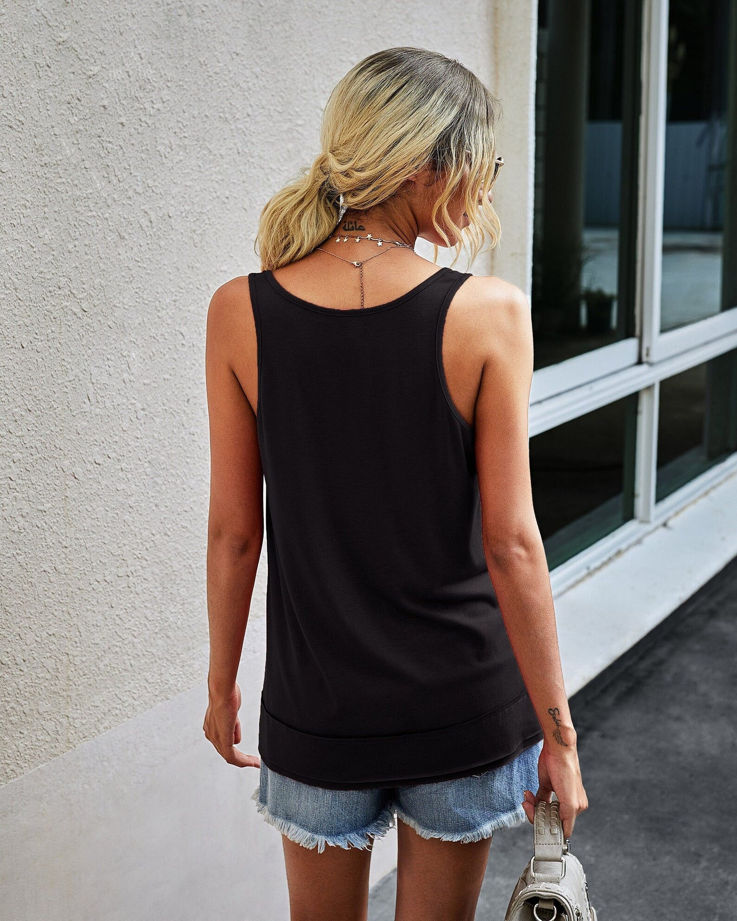 Scoop Neck Button Up Loose Fit Tank/ Black (COMING SOON)