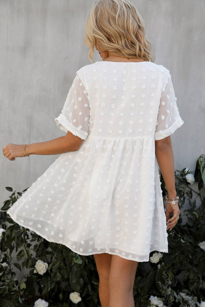 Embroidered Dotted V-Neck Baby Doll Dress/ Cream