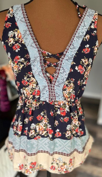 Sleeveless Summer Top with Cross Front Detail/ Navy Floral
