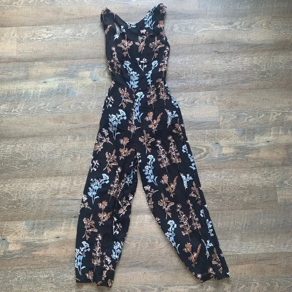 Floral Fall Jumpsuit with X Cross Back/ Black Floral