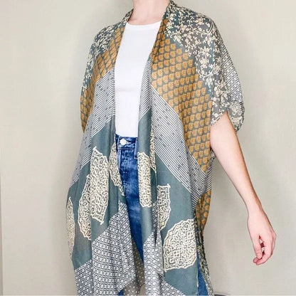 Printed Kimono Duster Open Cardigan Wrap/ No Size